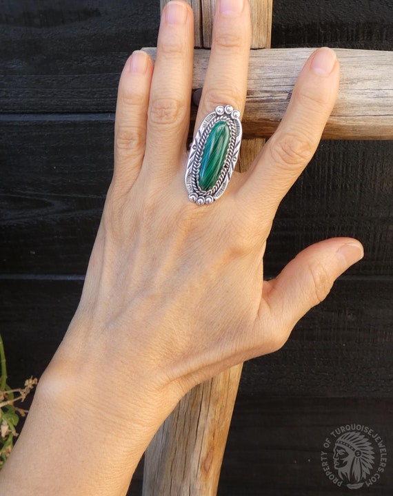 Native American Navajo Sterling Silver Malachite Ring Size 7, Gift For Her