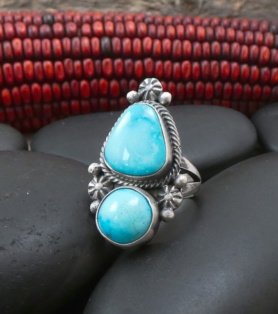 Native American Navajo Turquoise Sterling Silver Ring Size 7.5, Gift For Her, Made in USA