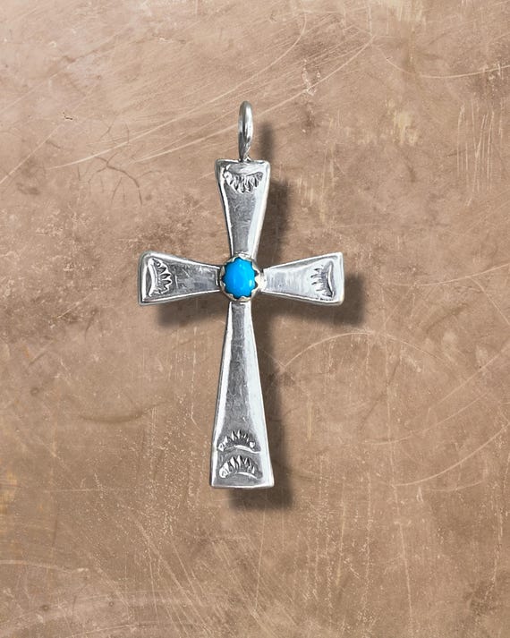 Navajo Silver Natural Turquoise Cross Pendant, Native American Small Handmade Cross Gift for Christians