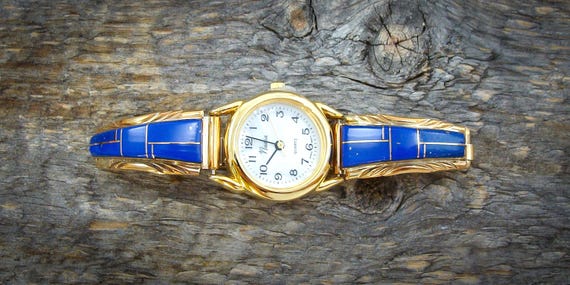 Navajo Lapis Inlay Watch Band Vintage 12KGF Sterling Silver Vintage Watchband Native American Gift For Mom Watch For Women