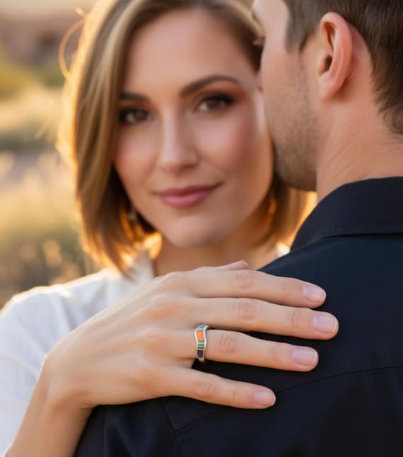 Navajo Turquoise Ring: Multi Inlay Silver Wavy Band For Women Sizes 6, 8, & 8.5