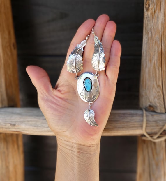 Turquoise Navajo Necklace, Native American Sterling Silver Turquoise Feather Necklace For Women