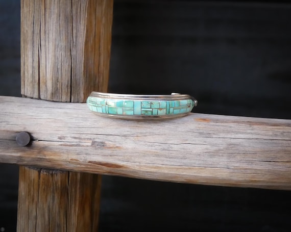 Native American Turquoise Bracelet: Vintage Zuni Sterling Silver Turquoise Inlay Cuff For Women