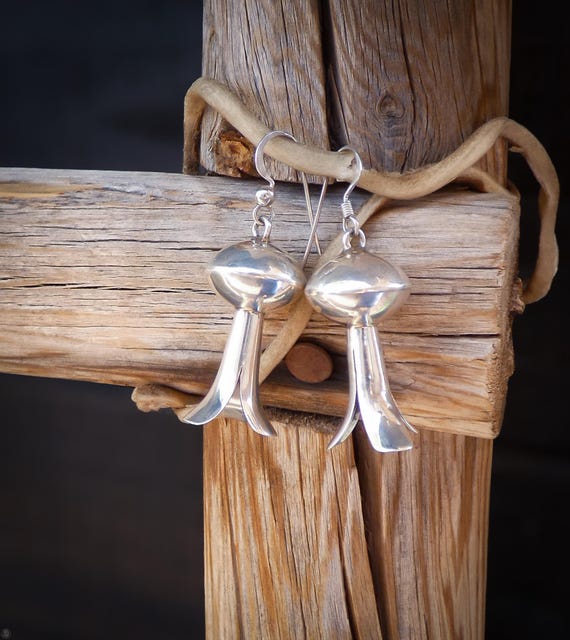Large Navajo Sterling Silver Squash Blossom Dangle Earrings