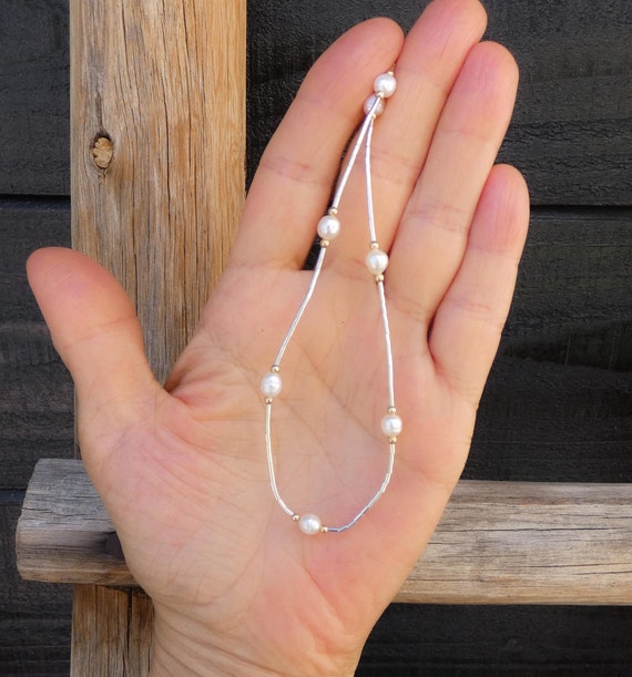 Liquid Silver Pearl Bead Choker: 12KGF Delicate Necklace, 16 Inch