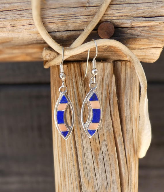 Zuni Native American Sterling Silver Rose Coral Lapis Inlay Dangles