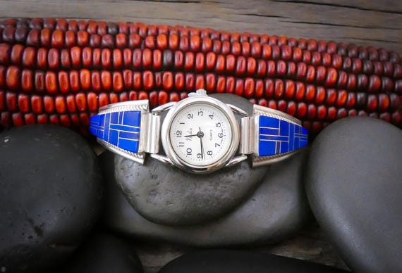 Navajo Sterling Silver Lapis Inlay Watch Band For Women