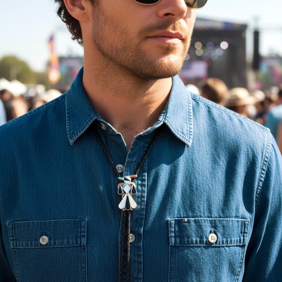 Zuni Thunderbird Bolo Tie: Native American 925 Sterling Silver Turquoise Multi Inlay