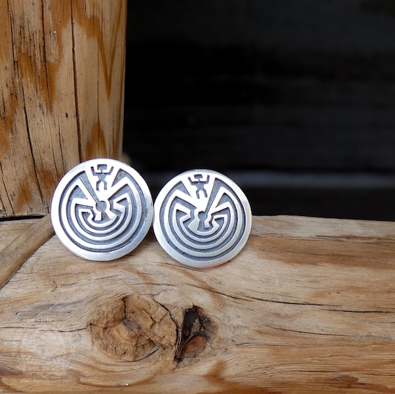 Native American Hopi Silver Man in the Maze Post Earrings, Vintage