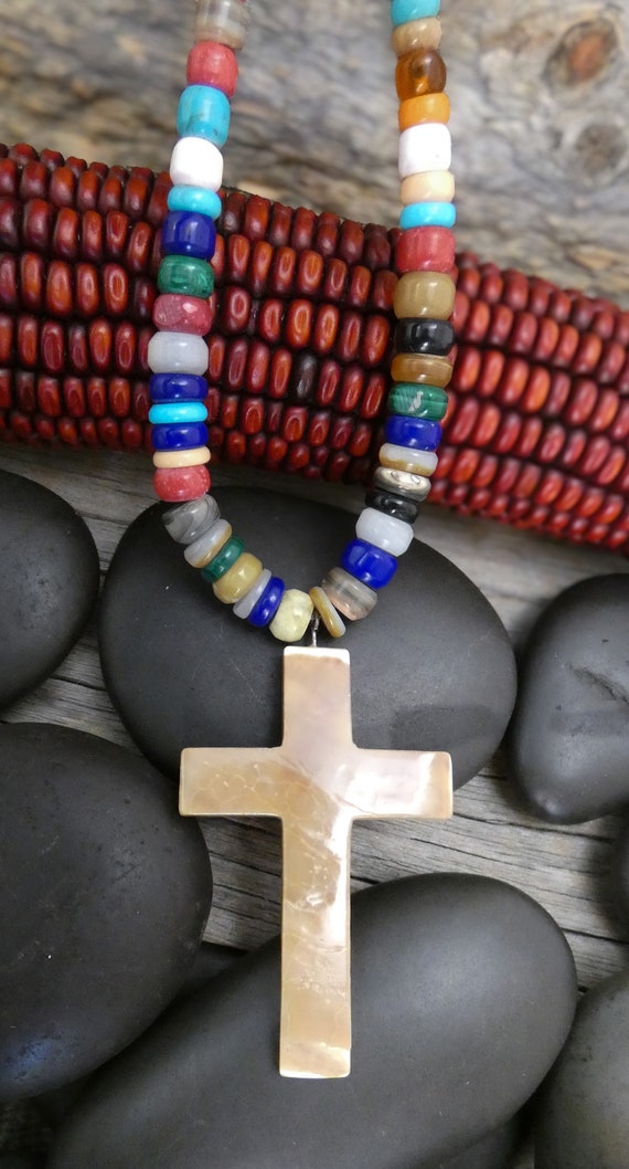 Native American Vintage Navajo Multi Stone Bead Necklace w/ Reversible Mother of Pearl Cross 29 inch, Handmade Gift