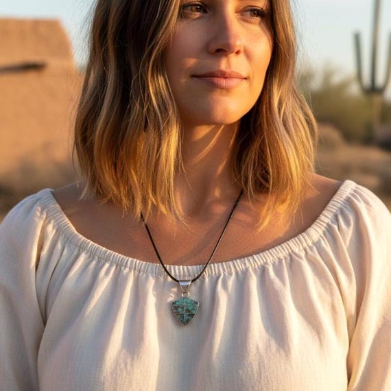 Natural Turquoise Inlay Sterling Silver Pendant, Navajo Native American Pendant Gift For Her