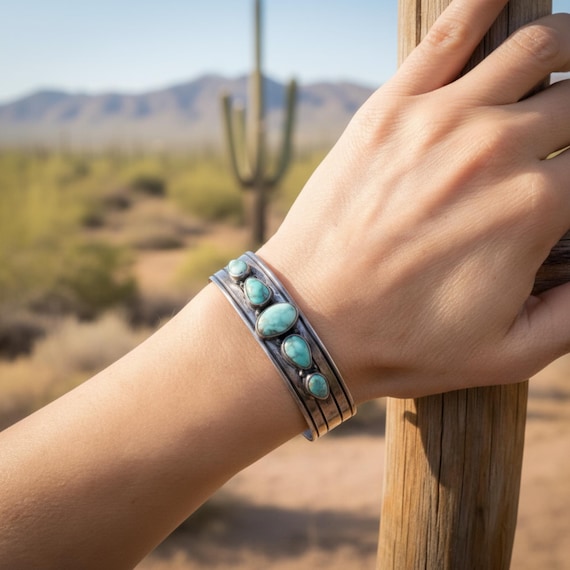 RARE Navajo Silver Green Nevada Turquoise Bracelet: Native American Cuff Bracelet For Women