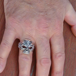 Gothic Skull Men&#39;s Biker Ring Size 10, 925 Sterling Silver Biker Ring