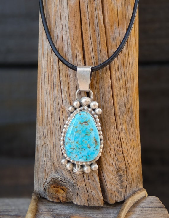 Authentic Native American Navajo 925 Sterling Silver Kingman Turquoise Pendant