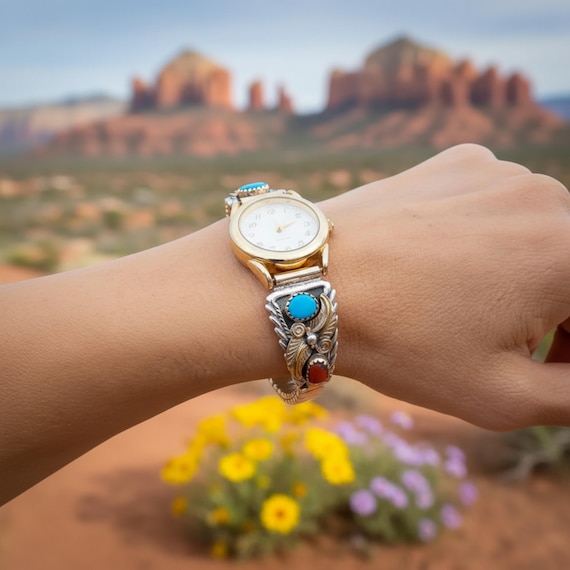 Native American Navajo 12KGF Silver Coral Turquoise Women's Watch