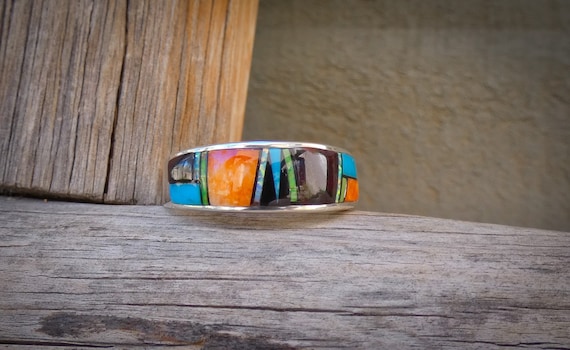 Native American Turquoise Multi Inlay Sterling Silver Men's Band Ring Sizes 9 thru 12