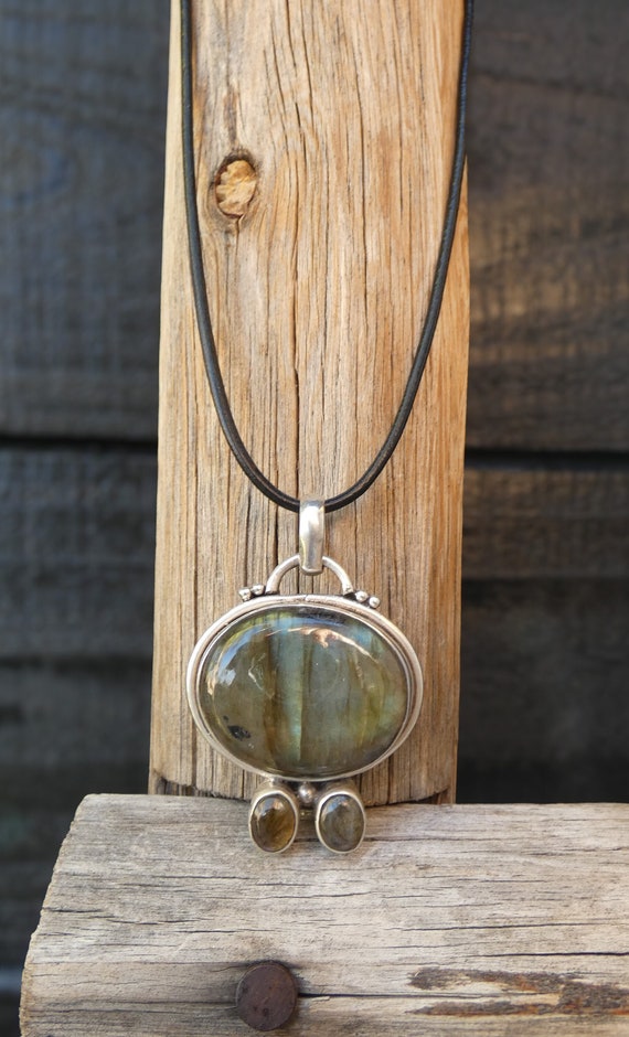 Handmade Gifts, Large Earthy Handmade Blue Brown Labradorite Sterling Silver Pendant, Gift For Mom