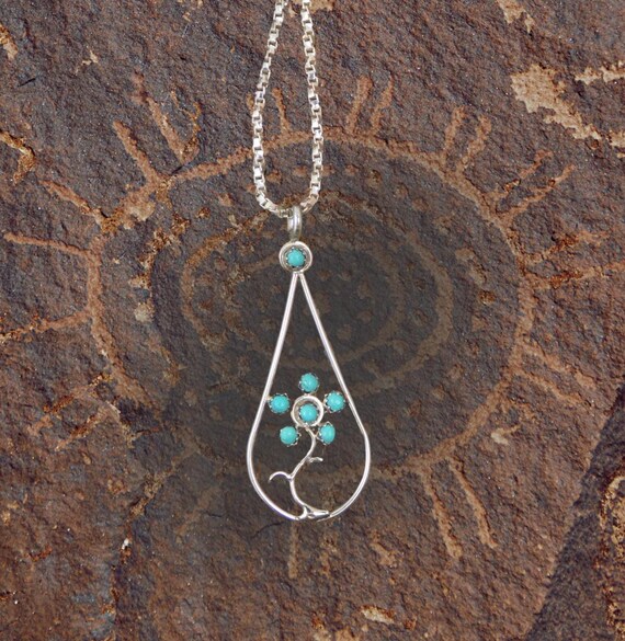 Vintage Zuni Silver Turquoise Delicate Flower Pendant
