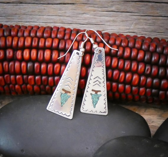 Navajo Turquoise Coral Arrowhead Earrings: Sterling Silver Turquoise Chip Inlay Dangles
