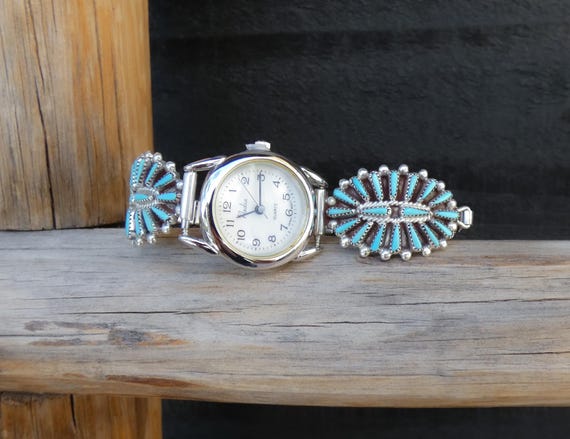 Zuni Silver Turquoise Needlepoint Cluster Women's Watch Band Adjustable Size