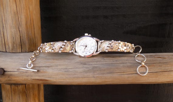 Navajo Silver 12KGF Flower Leaf Watch Bracelet W/ Toggle Closure, Native American Watch For Women