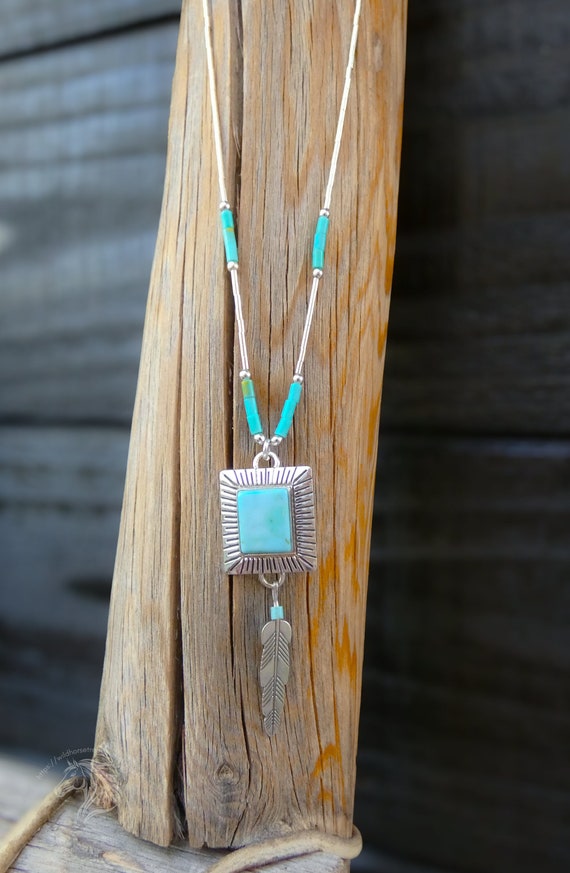 Native American Liquid Silver Turquoise Pendant Necklace & Beads, Handmade Jewelry Gift For Her