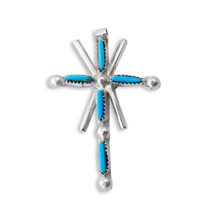 Zuni Turquoise Needlepoint Silver Cross Pendant, Zuni Turquoise Pendant, Turquoise Cross Pendant, Silver Pendant, Freeshipping USA
