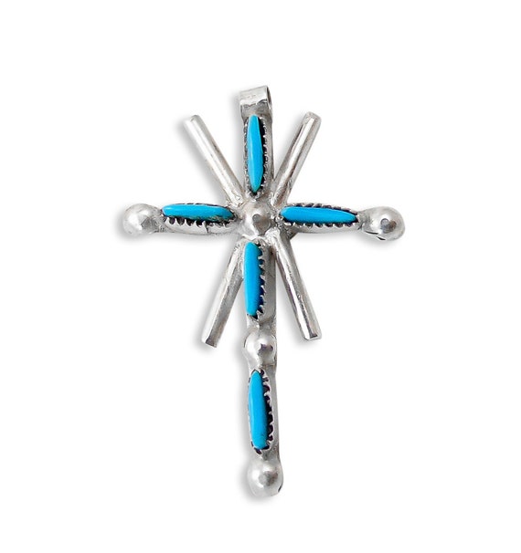 Zuni Turquoise Needlepoint Silver Cross Pendant, Zuni Turquoise Pendant, Turquoise Cross Pendant, Silver Pendant, Freeshipping USA
