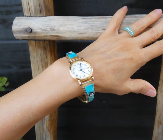 Turquoise Navajo Watch Band Vintage 12KGF Sterling Silver CZ Native American Watch Gift For Women