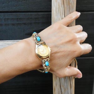 Navajo Turquoise Watch for Women, 12KGF Sterling Silver Gold Turquoise Watch, Gift For Mom