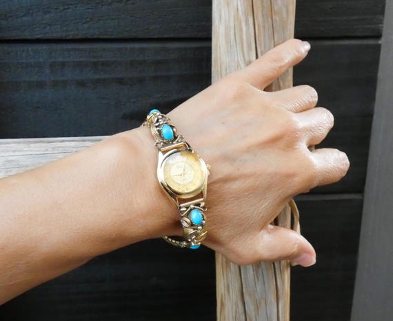 Navajo Turquoise Watch for Women, 12KGF Sterling Silver Gold Turquoise Watch, Gift For Mom