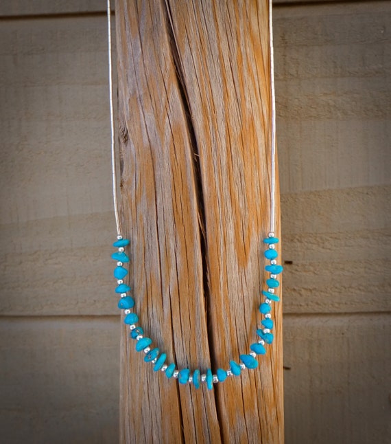 Handmade Jewelry Gift, Liquid Silver Turquoise Nugget Bead Choker Necklace 16.5 inches Native American