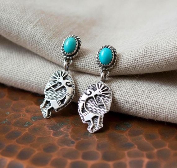 Navajo Turquoise Silver Kokopelli Dangle Earrings