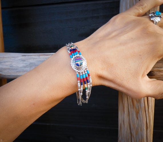 Delicate Liquid Silver Turquoise Multi Inlay Women's Bracelet, Native American, Gifted Jewelry