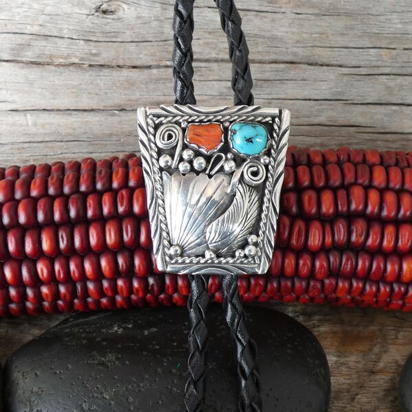 Native American Navajo Coral Turquoise Sterling Silver Bolo Tie