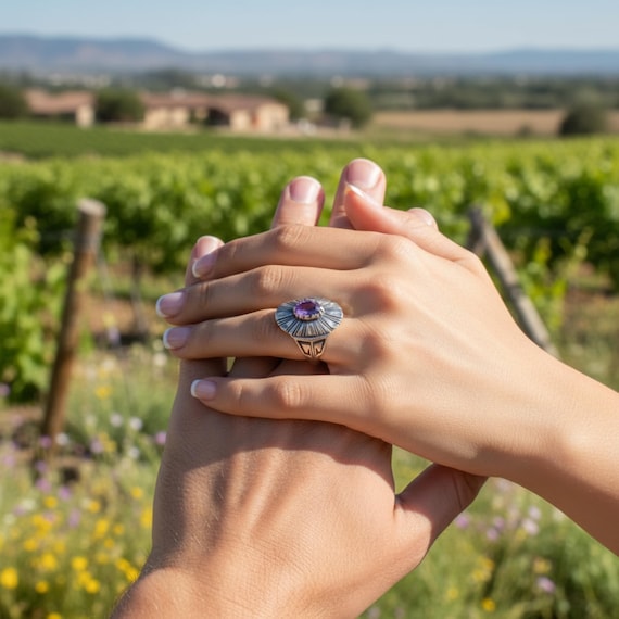 Navajo Sterling Silver Amethyst Diamond Cut Ring Size 8.25, Ring For Women
