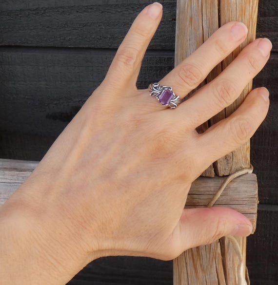 Navajo Sterling Silver Amethyst Leaf Ring Size 6,  Emerald Cut Gemstone Ring For Women