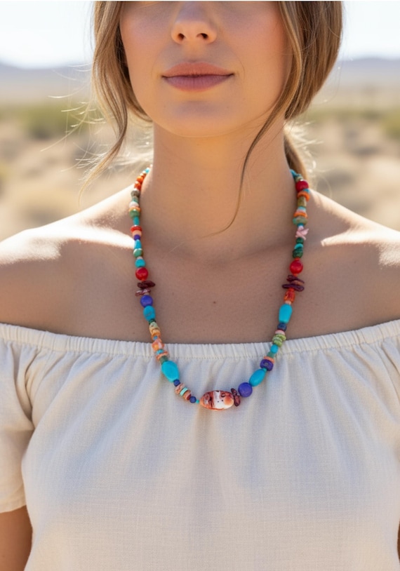 Navajo Turquoise Spiny Oyster Multi Stone Bead Native American Necklace
