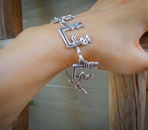 Native American Navajo Sterling Silver Yei Rainbow Dancer Link Bracelet, Vintage