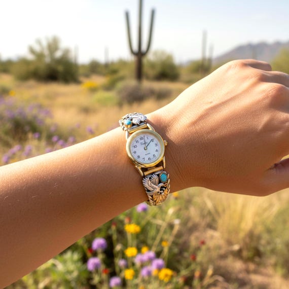 Native American Navajo 12KGF Sterling Silver Turquoise Eagle Women's Watch Band