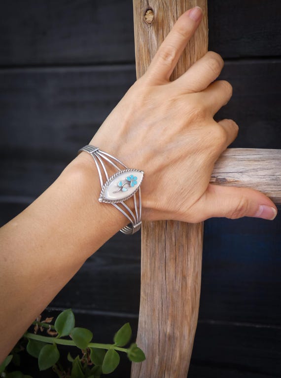 Zuni Bracelet: Sterling Silver Mother of Pearl Turquoise Flower Cuff by Robert Lasilo