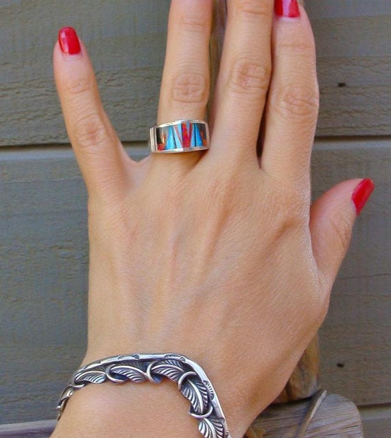 Native American Red Blue Fire Opal Onyx Inlay Band Ring Size 8.5