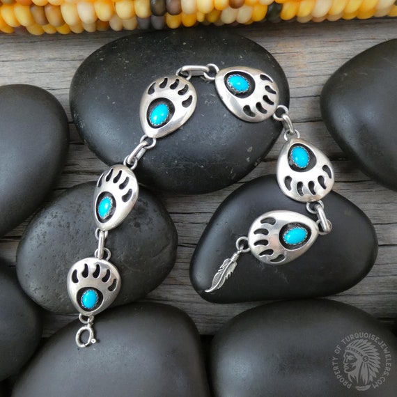 Authentic Native American Navajo Sterling Silver Turquoise Bear Paw Link Bracelet, Gift For Her