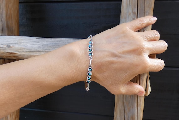 Native American Sterling Silver Zuni Turquoise Link Bracelet For Women