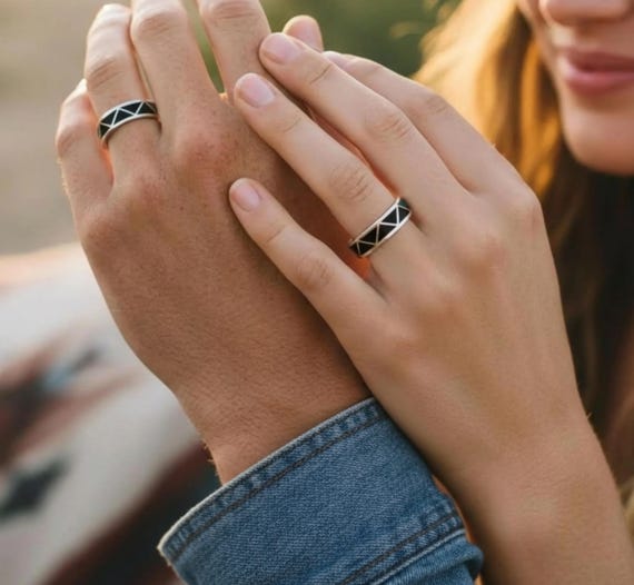 Zuni Onyx Band Ring: Vintage Native American Sterling Silver Wedding Anniversary Band Ring