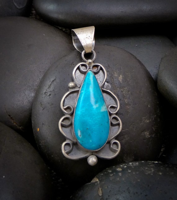 Native American Navajo Sterling Silver Turquoise Large Pendant, Gift For Her, Handmade Jewelry Gift
