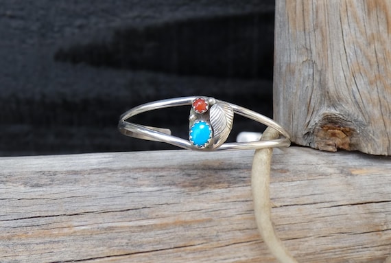 Native American Navajo Infant Baby Turquoise Coral Cuff Bracelet