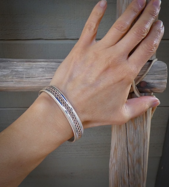 Native American 12KGF Gold Braided Sterling Silver Cuff Bracelet By Tahe, Handmade Gift