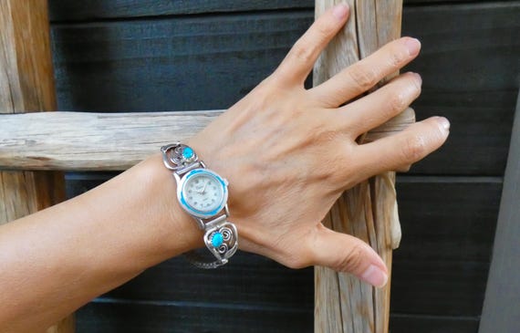 Native American Navajo Turquoise Watch Sterling Silver Watch Band For Women, Gift For Her