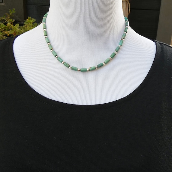 Turquoise Navajo Sterling Silver Turquoise Rolled Bead Necklace